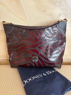 Dooney & Bourke Burgundy and Black Zebra-Pattern Leather Shoulder Bag